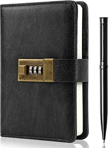 WEMATE Journal with Lock, Diary with Lock 192 Pages, Password Notebook, Pen & Gift Box - Perfect for Men and Women - 4.3X 6.18in (Black)