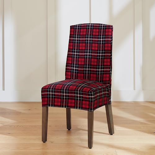 SureFit Cove Cotton Canvas Short Dining Room Chair Covers, Dining Chair Cover with 6 Inch Skirt, Removable and Machine Washable, Set of 2 Dining Chair Covers, Plaid