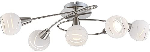 Deckenlampe Deckenleuchte Spotleuchte Wohnzimmerlampe Spotlampe, 5 Flammig Nickel matt Glas weiß, LED 4W 400Lm warmweiß, LxBxH 62,4x37,1x21,1cm