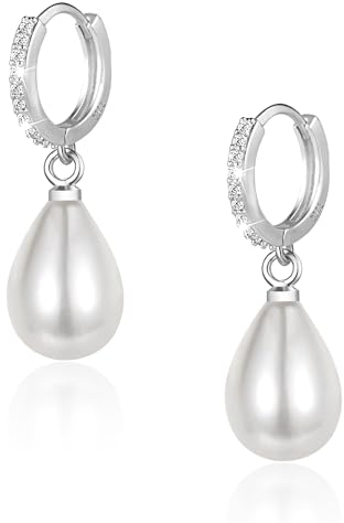 Silber 925 Creolen mit Perlen Anhänger Ohrringe Damen, Silber 925 Ohrringe Hängende Süßwasserperlen Tropfenohrringe Silber Creolen Kleine Knorpel Kreolen Creolen Perlen Ohrringe Damen Frauen