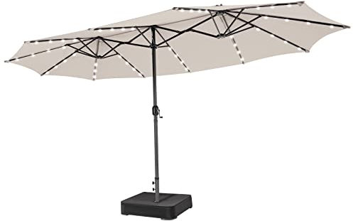 COSTWAY 4.5m Double-Sided Parasol with Base, Solar LED Lights and Crank Handle, Outdoor Extra Large Sun Umbrella, Twin Market Sunshade Shelter Canopy for Garden Patio Beach Yard (Beige)