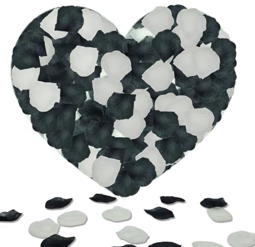 keepsweat 1200 Stück schwarz weiße Rosenblätter,Rosenblätter Deko Blumenmädchen Blütenblätter Seide Rose Petals für romantische Nacht Hochzeit Party Fake Flower Petals Künstliche Seide Rosenblüten