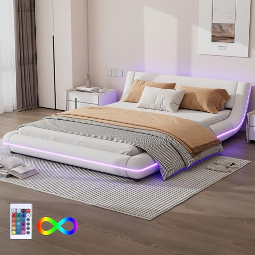 MQLAE Bett 140x200 mit Lattenrost, Polsterbett Bodenbett mit LED-Umgebungslicht, Schräges Kopfteil - komfortable Rückenlehnengestaltung, Erwachsenes - Jugendbett Doppelbett Bettgestell, PU