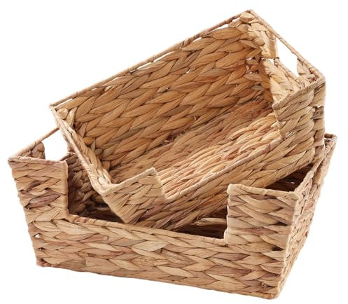 Cestas Almacenaje Trenzada, Set de 2 Cesta de Almacenamiento de Mimbre, Cestas Tejidas con Asas, Apilables Caja Organizadora, para Baño, Cocinas, Oficinas, Sala de Estar, Jacinto de Agua