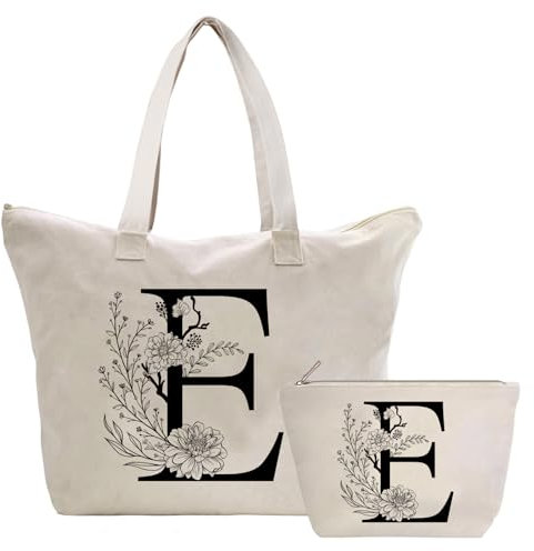 Personalizadas Bolso Tote de Mujer con Inicial, Bolsa de lona con Bolsillo Interior, Bolsa de Compras con Bolso de Cosméticos, Regalos para Damas Mejor Amigas Mamá, Regalo Cumpleaños Navidad E