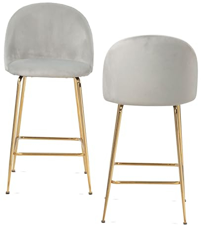 Wohnling 2er Set Barhocker Samt Grau Hocker mit Lehne & goldenen Beinen, Küchenhocker Skandinavisch Stoff/Metall 110 kg, Design Barstuhl Tresenhocker, Bistrohocker Gepolstert