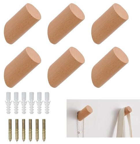 YWKJDDM Wooden Coat Hooks, 6 Pcs Wall Hooks for Hanging, Decorative Wall Mounted Coat Rack Wooden Coat Hooks Wall Mounted for Hanging Clothes Hat Towel (3x6cm)
