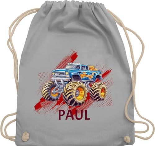Turnbeutel Rucksack - Auto - Monstertruck mit Name | Monster Truck Personalisiert | Riesentruck - Unisize - Hellgrau - kinder kindergarten wechselbeutel cars personalisieren stoffbeutel