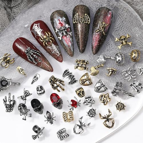 3D Halloween Nail Charms, 75 Pcs Retro Ghost Claws Spider Skull Metal Nail Art Charms Skeleton Pumpkin Nail Gems Rhinestones Nail Accessories for Nail Decorations DIY Crafts (Multi-Colored)