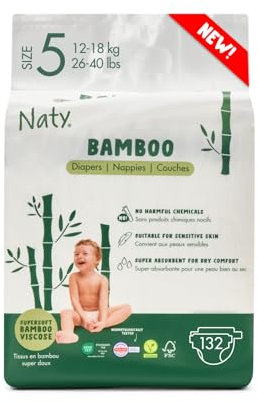 Naty Bamboo Baby Windeln aus Bambus-Viskose – Seidenweich, pflanzenbasierte Windeln, Dermatologisch getestet für empfindliche Haut & super saugstark (Größe 5, 132 Stück)
