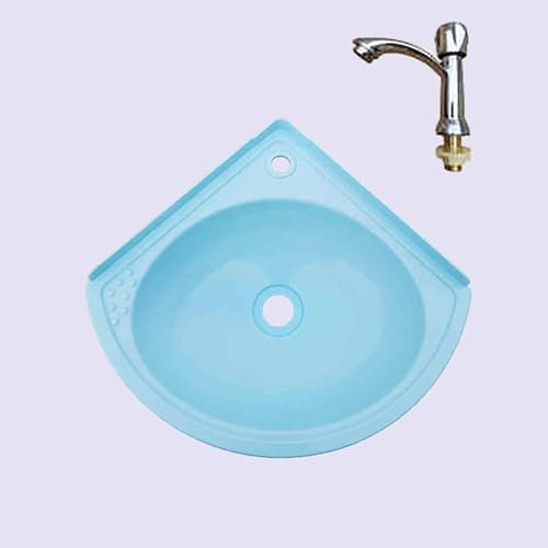 MQZHUK Lave Mains Ovale, 28x28x12cm/11x11x4.7inch Lave Main Plastic avec Robinet et Kit de Drainage, Salle De Bain Lavabo Ou Lave-Main Pour WC Bleu Robinet A