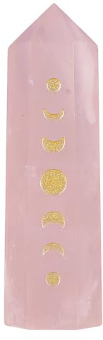 dssmboom Baguette de guérison en Pierre Unique pour la méditation et l'équilibrage des Chakras, Tour de Cristal facetté gravé de Phases lunaires pour la décoration de la Maison, Quartz Rose