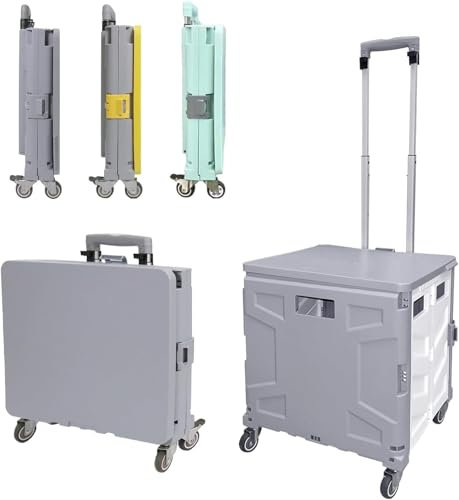 Einkaufstrolley Klappbar Einkaufswagen Metallräder, Transportbox mit 4 Rollen & 1 Teleskopgriff, Tragbarer Einkaufswagerl, Einkaufsroller, FüR EinkäUfe, BüRo, Lehrer Bis 50 L(Grau + Weiße)