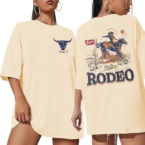 REBOYA Oversized Tshirt Damen Rundhals Sommer Oberteile Drucken Kurzarm Rücken Muster Lockere Retro Cowboy T Shirts Bluse(M, Aprikosen)