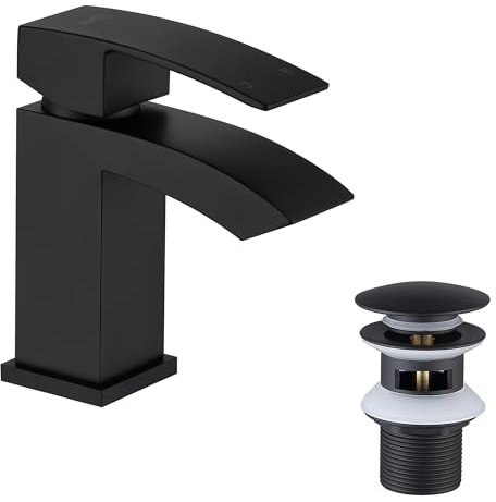 Friota Matte Black Basin Mixer Tap with Pop Up Basin Bress Waste, Anti Peeling Single Lever Waterfall Bathroom Sink Taps with UK Standard Hose, Anti Fingerprint 1 Hole Modern Deck Mounted Bathroom Tap