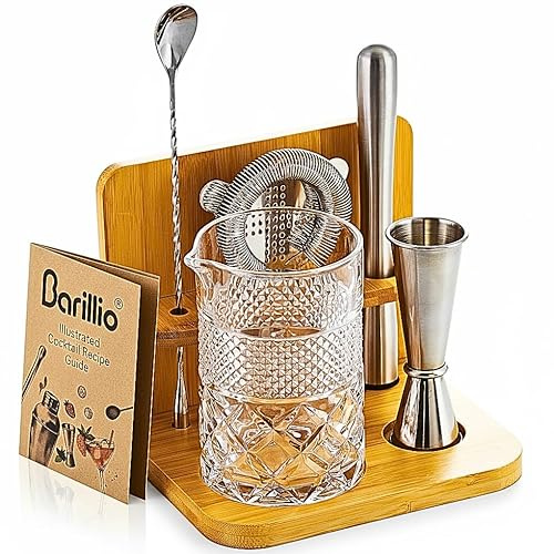 Barillio 24 Oz Crystal Cocktail Mixing Glass with Bamboo Stand & Bar Tools | Seamless Lead-Free Crystal, Weighted Base Stirring Pitcher | Including Muddler, Mixing Spoon, Jigger and Strainer