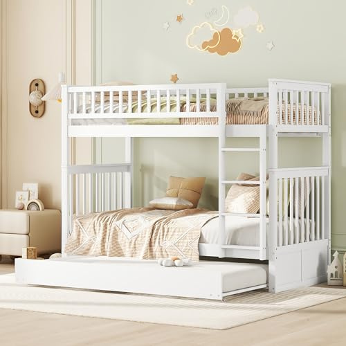EINHOM Kinderbett 90x200cm, Etagenbett mit Ausziehbett, Bodenbett mit Geländer und Treppe, Kiefernholz+MDF, Ohne Matratze (Weiß)