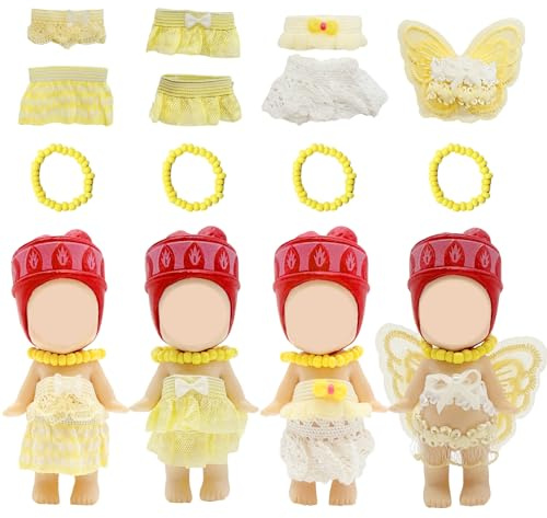 Ropa de muñeca de 3 pulgadas compatible con Sonny Angel, 4 juegos de ropa de muñeca que incluye falda superior, zapatos, collar, bonitos accesorios de exhibición y decoración para coleccionistas