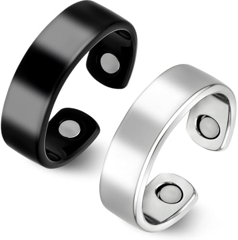 OSDUE 2Pcs Magnetischer Ringe für Frauen Männer mit Starken Magneten, Magnetringe mit Geschenkbox, für Eltern, Ehepartner und Freunde Geburtstag Geschenk (Silber + Schwarz)