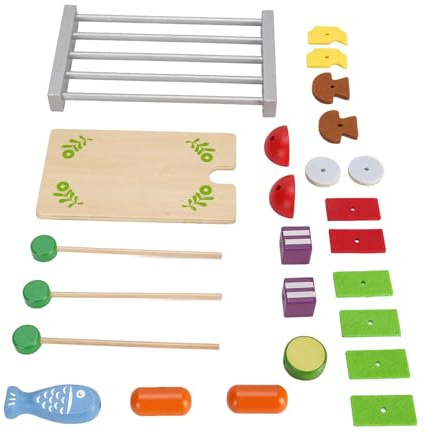 EMUKOEP Kit de barbecue en bois pour barbecue avec accessoires de cuisine pour enfants à partir de 3 ans, bois + planche de densité, jeu sûr, interactif et éducatif