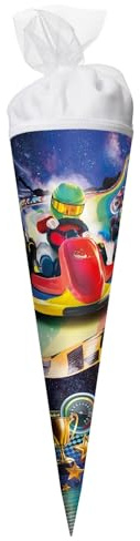 ROTH Schultüte klein 50 cm Kart Race – runde Geschwister-Zuckertüte zur Einschulung für Kinder, Schulanfang Geschenk mit Tüllverschluss
