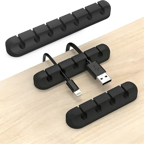 Cable Clips Organiser 3 Pack, Silicone Cable Holder with 3/5/7 Slots, Self Adhesive Wire Management for USB Cables, Charger Leads, Mouse Wires & Desk Setup – Black | Self Adhesive, Fits USB-C, Lightning, HDMI & Mouse Cables for Desk, Office & Home, Strong Adhesive Backing