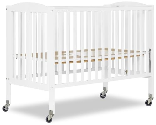Dream On Me Folding Full-Size Convenience Baby Crib in White, GreenGuard Gold & BSA, Portable, Patented Quick Folding System, Strong Wheels, 2 Adjustable Mattress Heights