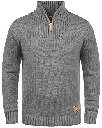 !Solid SDPetro Herren Strickpullover Troyer Grobstrick Pullover mit Troyerkragen Rippbündchen Label-Details Baumwollmischung Regular fit, Größe:M, Farbe:Grey Melange (8236)