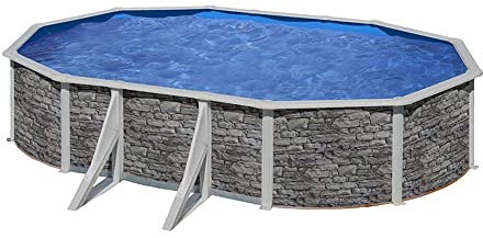 Gre KIT610PO - Piscina ovale 4 rinforzi laterali decorazione pietra, liner blu 40/100 Dim: 610x375 h 120