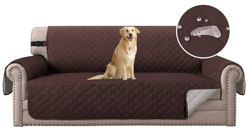 H.Versailtex Reversible Sofa Cover Furniture Protector, 3 Seater Sofa Couch Covers for Kids with Adjustable Elastic Straps, Water Resistant Sofa Slipcovers for Pets/Dogs(Brown/Beige)