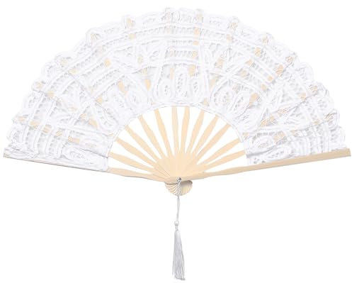 BABEYOND Cotton Lace Folding Handheld Fan Embroidered Bridal Hand Fan with Bamboo Staves for Wedding Decoration Dancing Party (White)