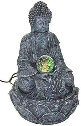 DRULINE Zimmerbrunnen mit LED - Zimmerbrunnen - Buddha Brunnen - Tischbrunnen - Polyresin Stein Optik/Glaskugel Crashlook - B/H/T ca. 20 x 30 x 20 cm - anthrazit - Indoor