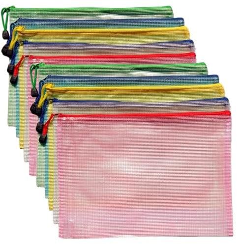 ZHIYE Lot de 12 pochettes en plastique A5 pour documents à fermeture éclair pour l'école, le bureau, les devoirs cosmétiques Bleu, Vert, Blanc, Rose