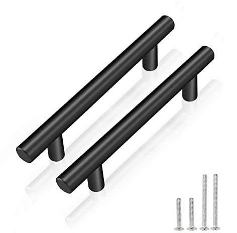 PinLin 50 Pack Kitchen Door Handles 96mm Hole Centre Flat Black Cabinet Handles Stainless Steel Cupboard T Bar Handle (Screws Included)