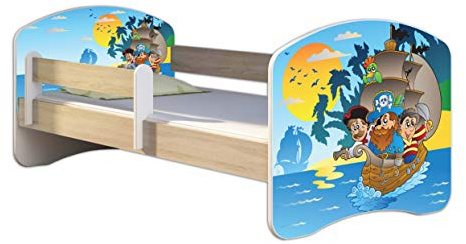 Kinderbett Jugendbett mit einer Schublade und Matratze Sonoma mit Rausfallschutz Lattenrost ACMA II 140x70 160x80 180x80 (21 Piraten, 180x80)