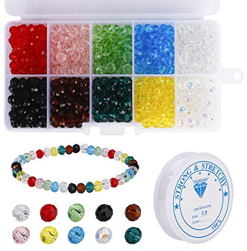 Cuentas Cristal Plastico 10 Colores 6mm Cuentas Cristal Facetado con Hilo de Abalorios Transparente 0.8mm y Caja para Manualidades Bricolaje 700 Piezas