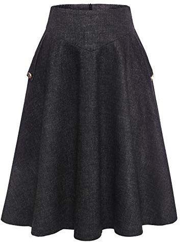 Damen Lang Vintage Elegant Plaid Winterrock - Warm Elastische Taille A-Linie Röcke Casual Hohe Taille Midi Rock - Black S
