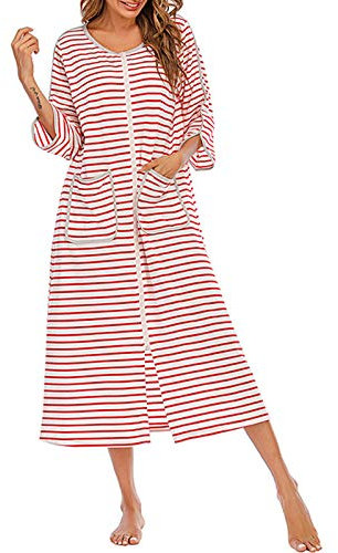 Robe de chambre pour femme avec fermeture éclair à manches courtes/longues et poches, Rouge, XXL