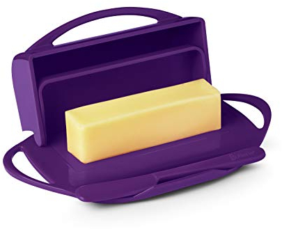 Butterie Butterdose mit Klappdeckel & passendem Messer, hält 2 Stäbchen/europäische Butter, No-Mess Butterhalter, bruchsicher, spülmaschinenfest, Lila