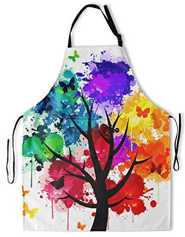 Grembiule colorato con albero con 2 tasche e cinghie regolabili per il collo per adulti artisti, grembiuli da cucina impermeabili con farfalla arcobaleno, per cuochi, cucina, grigliate, barbecue