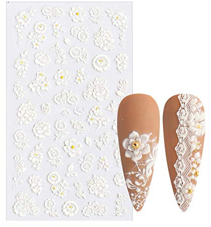 Ruby569y Nail Sticker,Nail Art Accessories Decorations,Nail Sticker Lace Design 5D Engraved Nail Art Decoration Manicure White Rose Flower Tips for Female - 4
