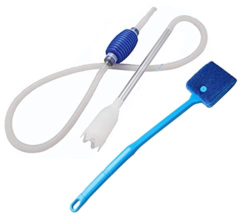 Weforu 2pcs Fish Tank Clean Set, Aquarium Siphon Gravel Cleaner with Cleaning Sponge Brush, Algae Clean Brush, Hand Syphon Pump for Fish Tank