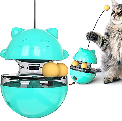Jouet Chat 3 en 1 - Distributeur de Croquettes Interactif Avec Balle Tumbler, Peut Tourner à 360 Degrés (Bleu)