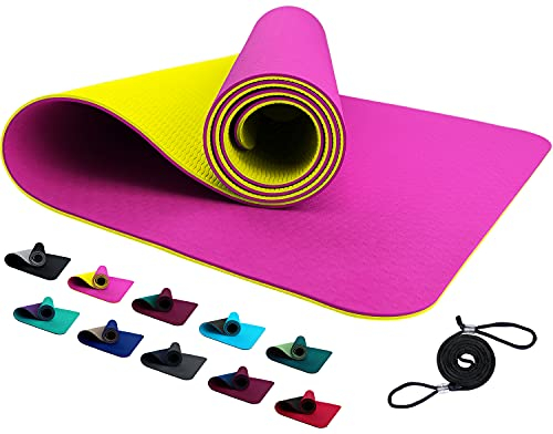 FLXYA TPE Yogamatte Trainingsmatte 183 x 61 x 0,6 cm Pink Gelb rutschfeste Gym Matte Mat für Yoga Fitness Pilates Gymnastik Sport Sportmatte Gymnastikmatte Turnmatte Bodenmatte Exercise Rosa Yellow