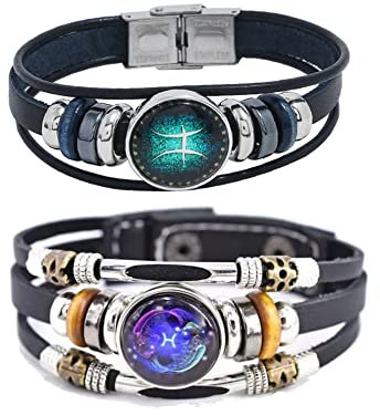 2Pcs Multilayer Constellation Zodiac Leather Bracelet Handmade Woven Zodiac Sign Wrap Bracelet Wristband for Women Men Jewelry Birthday Gift, 8.26 inches, 8.5 inches, no gemstone