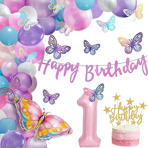 1. Geburtstagsdeko Mädchen Luftballon Girlande Rosa Schmetterling Wandaufkleber Deko Geburtstag Happy Birthday Banner Rosa Geburtstag 1 Jahr Mädchen