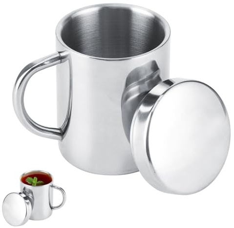 Tazas de café de acero inoxidable, taza de té de café de metal, taza de doble pared con tapa y asa para senderismo, taza de camping, taza de viaje al aire libre(M)