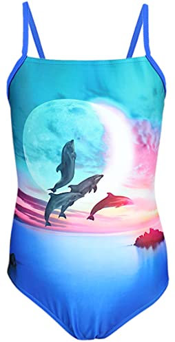 Aquarti Costume Piscina Bambina – Costume Intero Bambina con Bretelle Sottili Regolabili, Delfini Luna Rosa/Blu, 140