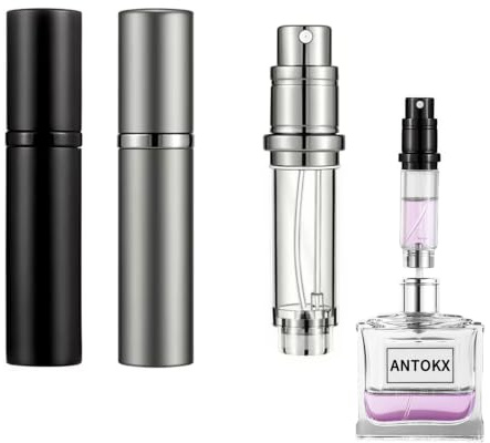 ANTOKX Travel Perfume Bottle Refillable Atomizer - 2-Pack 5ML Perfume Atomiser, Leakproof Portable Perfume Sprayer (Black & Gray)