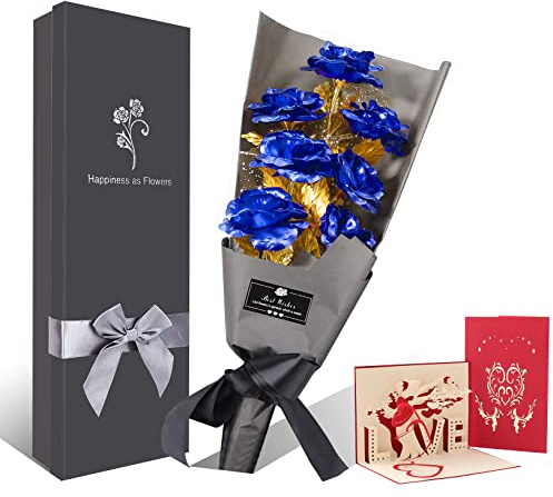 Blau Rose Blumenstrauß, 6 Stück Handgefertigt Goldfolie Künstlicher Rosenstrauß - mit Geschenkbox für Frau Freundin/Muttertag/Geburtstag/Hochzeitstag/Jahrestag Künstliche Rose (Blau)